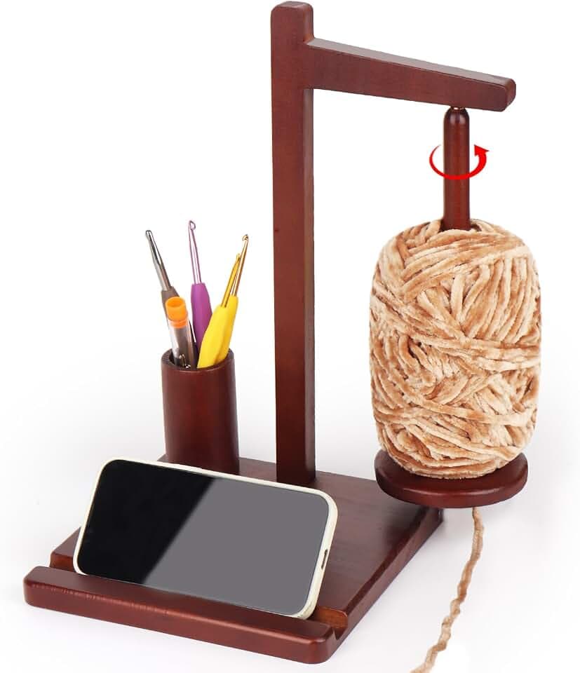 Coopay Garnhalter zum Häkeln, Multifunktional Wollabwickler aus Holz, Häkelgarnhalter Spinner, Große Wollhalter beim Häkeln und Stricken, Magnetisch Wollknäuelhalter mit Aufbewahrung und Handyhalter