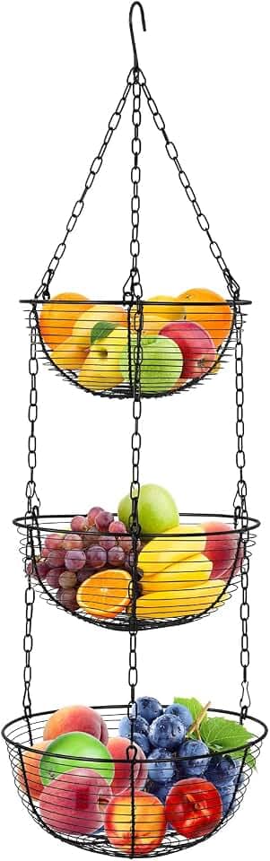 Hossejoy Hängekorb 3 Etagen, Obstkorb zum Aufhängen mit Deckenhaken, 76cm Hängend Obstschale Küche, Gemüsekorb aus Metall (schwarz)
