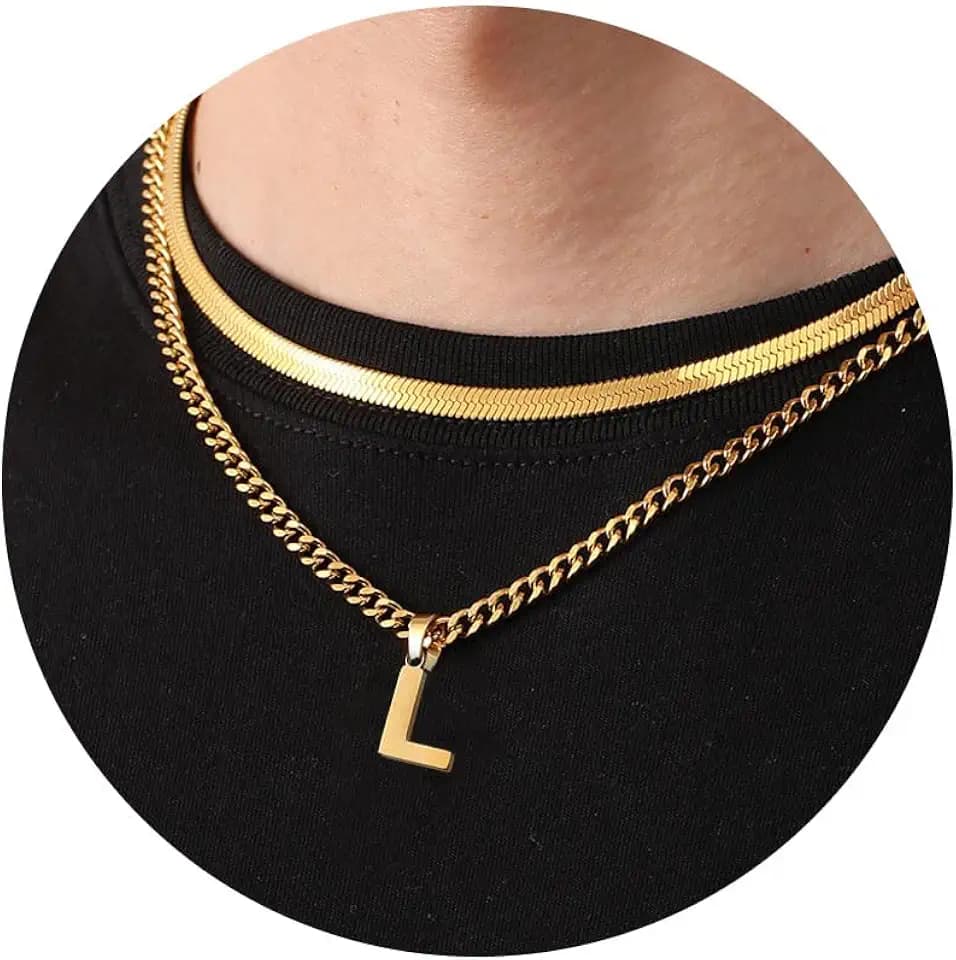 P. BLAKE Layered Initial A-Z Pendant Necklaces for Boys Men, Stainless Steel Letter Cuban Link Herringbone Chain Fashion Jewelry Gifts