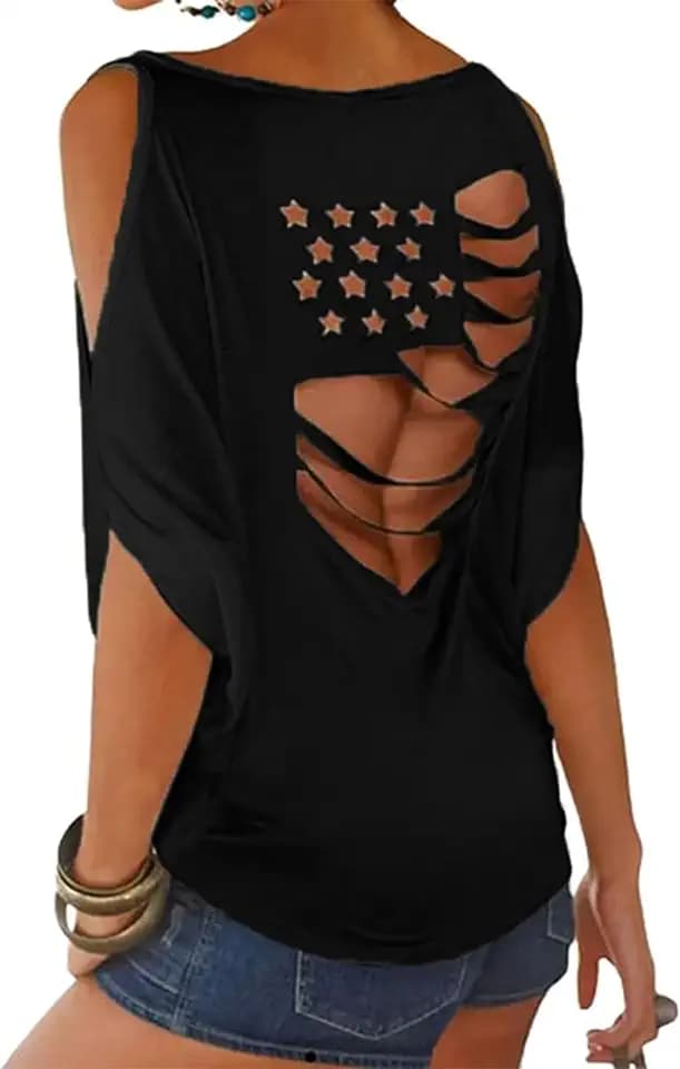 American Flag Star Hollow Out Blouse Womens American Flag Tank 4th of July Patriotic Short Sleeve USA Summer Tops