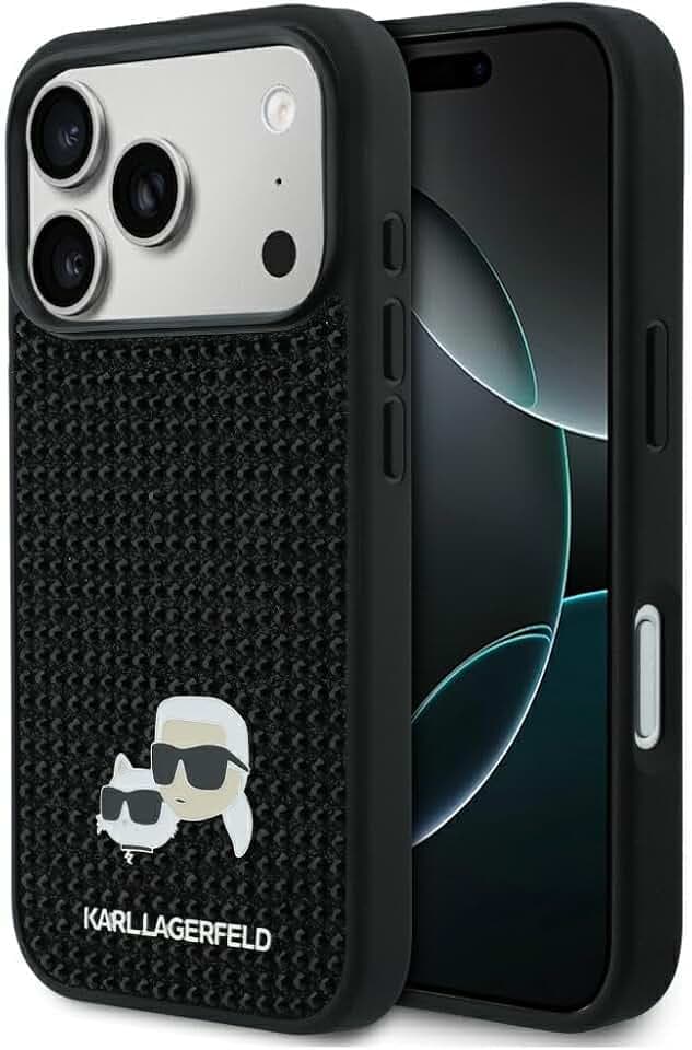 CG MOBILE Karl Lagerfeld Strasssteine Karl&Choupette Anstecknadel Hülle für iPhone 17 Pro (Schwarz)