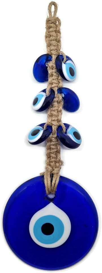 MYSTIC JEWELS - Türkisches Auge Amulett Macrome mit Jute, Hausschutz - Hängendes Amulett - Hängeornament - Hängeschmuck - Blau - Eye Pattern - Böser Blick - Alltag - Geburtstag, Muttertag, Weihnachten