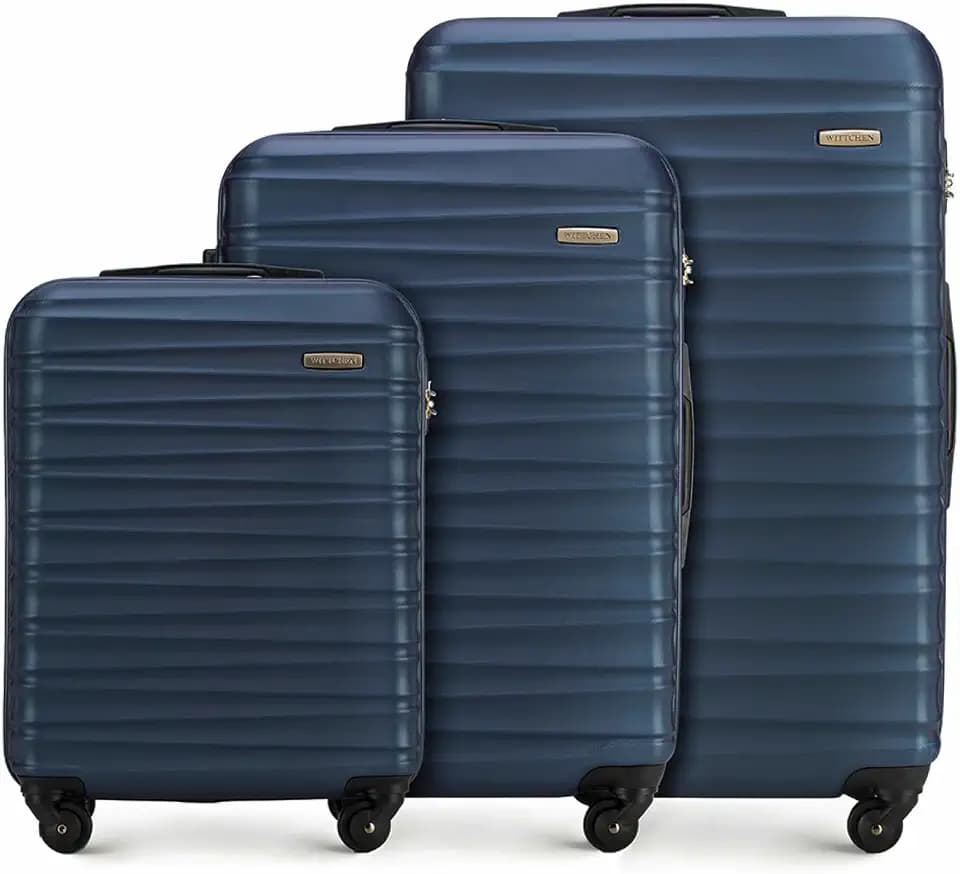WITTCHEN Reisekoffer 3er Koffer-Set Rollkoffer Trolley Handgepäck Reisekofferset Gepäckset Hartschale aus ABS 4 Spinner-Rollen Zahlenschloss Groove Line Marineblau Lufthansa/Eurowings/Ryanair/Condor