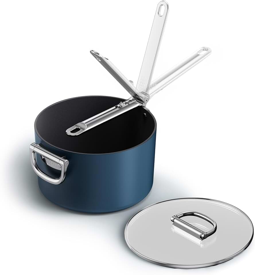 Joseph Joseph Space 23cm Stieltopf mit Deckel, Platzsparender Klappgriff, Keramik-Beschichtung, Induktion & Backofenfest