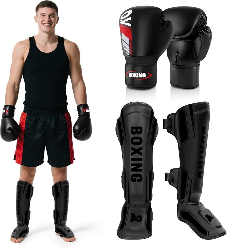 NZQXJXZ Schienbeinschoner Kickboxen mit 16oz Boxhandschuhen, Muay Thai Schienbeinschützer, Verstellbare Beinschützer mit Spannschutz, Kampfsport Trainingsausrüstung für MMA Training und Sparring