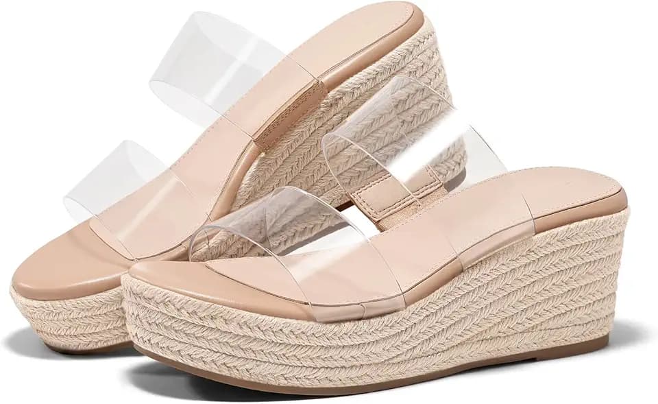 Coutgo Womens Platform Wedge Sandals Espadrille Raffia Heeled Slides Open Toe Two Band Beach Vacation Shoes (Choose Size Down