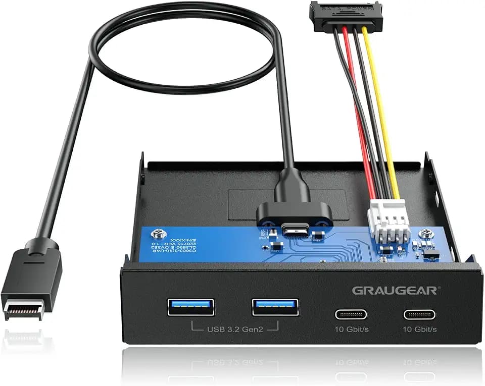 GRAUGEAR 3.5 Inch Front Panel Hub, 4 Ports Internal Metal USB Hub, 2X USB-C 10Gbps and 2X USB 3.2 Gen 2 Ports, USB3.2 Type-E Key-A 20-Pin Header & 15-Pin SATA Power Connector Required [G-MP02]