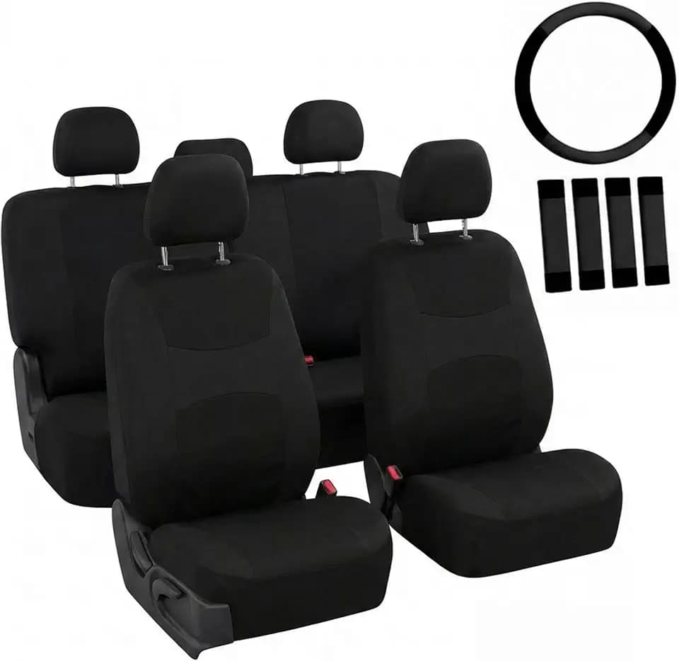 FH Group Full Set Cloth Car Seat Covers, Universal Fit Front and Split Bench Rear, Airbag Compatible, Washable for SUV, Sedan, Van - Black