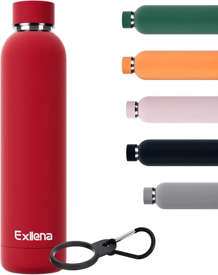 Exllena Slim Insulated Water Bottles for Travel 25oz with Clip, Double Wall Vacuum Stainless Steel Water Bottle Keeps Drinks Cold 24 Hrs/Hot 12 Hrs, 100% Leakproof, BPA Free（Red）