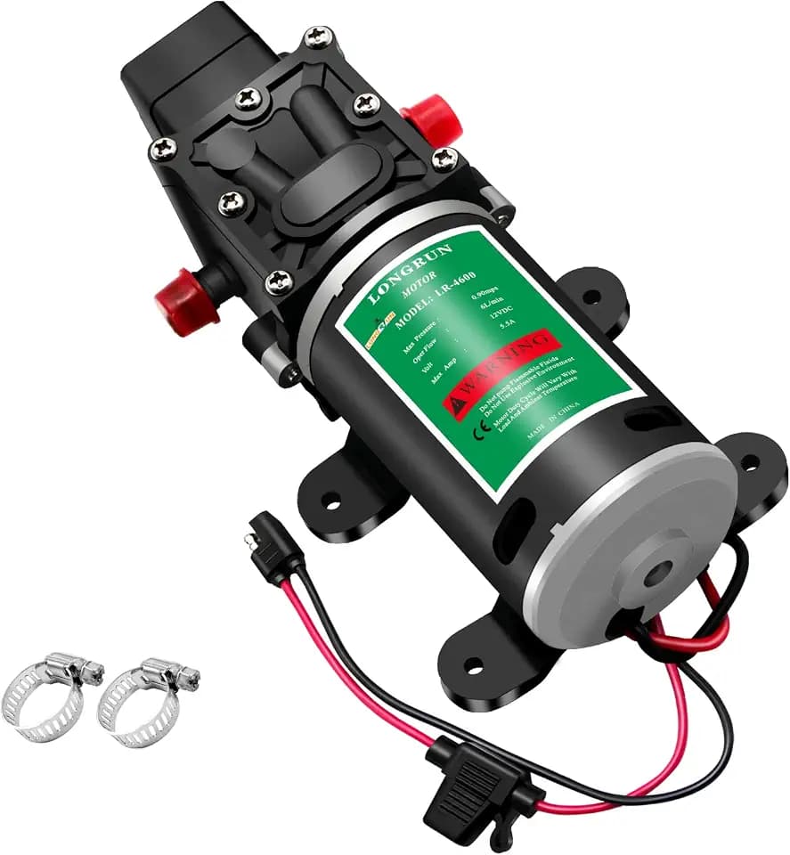 LONGRUN Fresh Water Pump 12V DC Diaphragm Pump with Adjustable Pressure Switch 6L/Min 1.56GPM Self Priming Sprayer Pump with 2 Hose Clamps 100PSI Agriculture Pump for RV Camper Marine Boat Garden Lawn