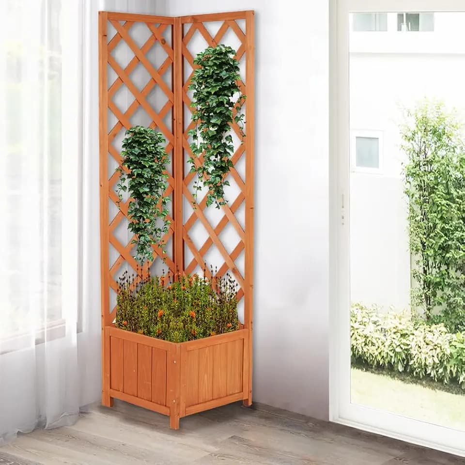 BAKAJI Eck-Blumenkasten aus Holz mit Spalier für den Innen- und Außenbereich, für Blumen und Kletterpflanzen, für Garten, Balkon, Terrasse, wetterfest, 40 x 40 x 145 cm