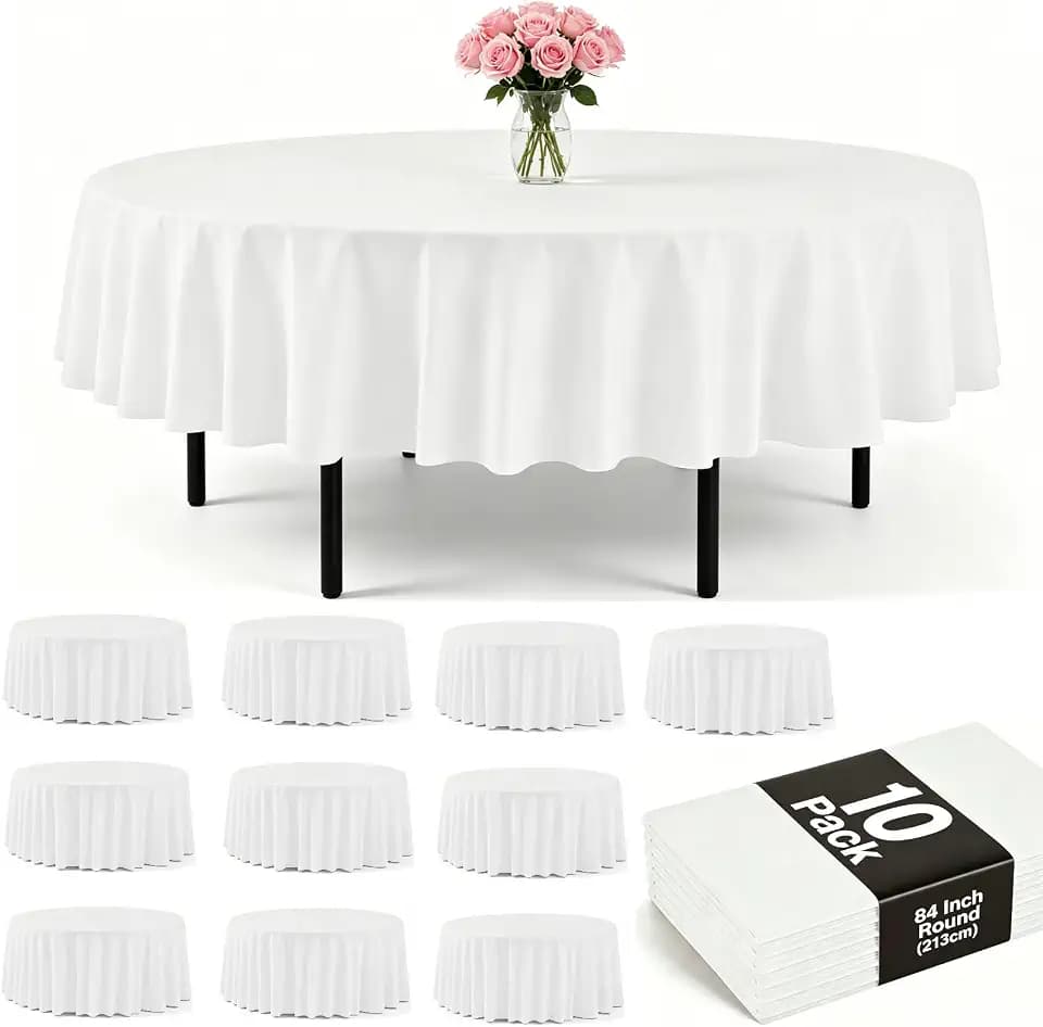PLULON 10 Stück runde Tischdecken aus Kunststoff, weiß, 84 Zoll, wasserdichte PEVA-Tischdecke, Bulk für Geburtstag, Hochzeit, Picknick, Zuhause, Party, Tischdekoration
