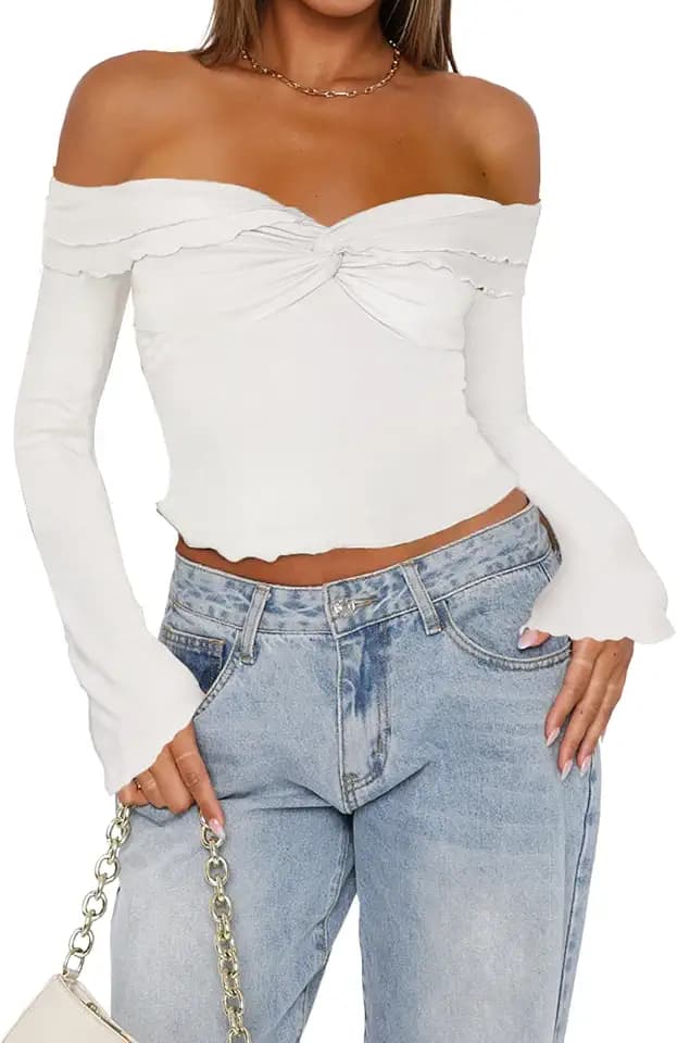Goafuliy Off The Shoulder Tops for Women Long Sleeve Crop Blouses Twist Front Lettuce Trim Y2K Going Out Shirts