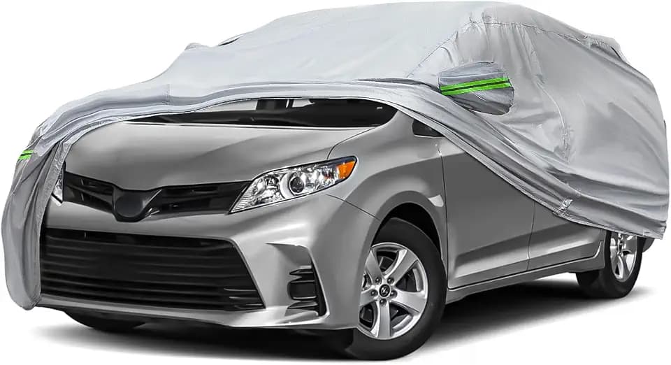 6-Layer Full Car Cover is All-Weather Waterproof, Universal in All Seasons, Snow Prevention Rainproof, Acid Rainproof, Sunscreen, Ultraviolet-Proof, Fit MPV 199"-210" Green Reflective Strip