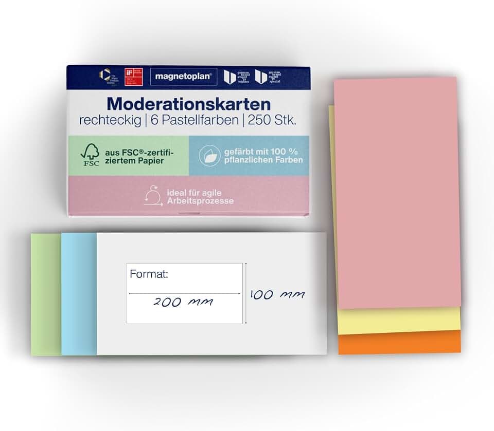magnetoplan Moderationskarten, rechteckig | 250 Stück in 6 Pastellfarben | FSC-zertifiziert | Kommunikationskarten für Meetings und Präsentationen | BxH 200x100 mm