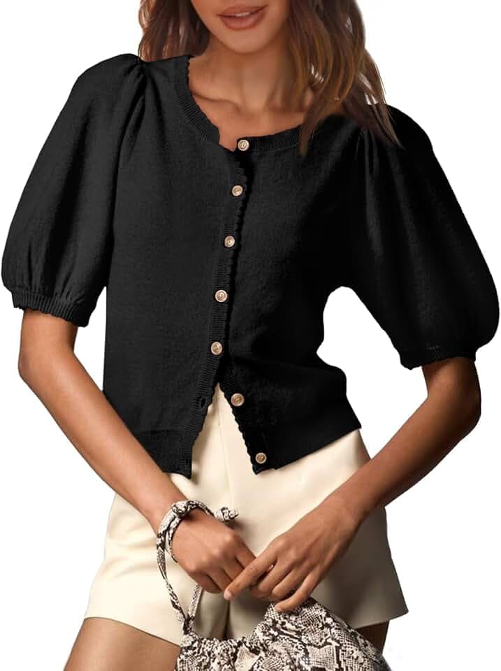 Saodimallsu Womens Puff Short Sleeve Cardigan Lightweight Sweater Tops