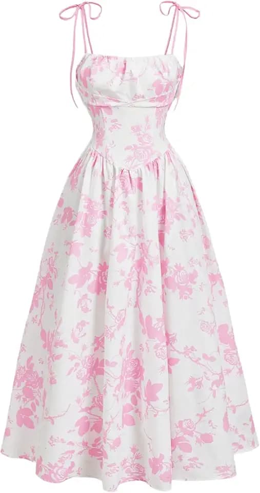 SHENHE Women's Floral Bustier Corset Dress Smocked Flowy Long Sundress