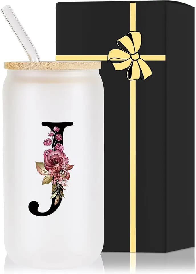 Monogrammed Glass Drinking Cup With Lid Straw Women Her Sister Mom Girlfriend Aunt Best Friend Friendship Grandma Bestie Wife Daughter Law Lady Happy Birthday Cool Funny Meaningful Unique Gifts Cute,J