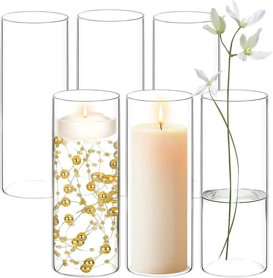 6 Pack Flower Glass Cylinder Vases for Centerpieces 10 Inch Tall Bulk Clear Vase Hurricane Floating Candle Holder for Table Home Decoration Wedding Holiday Floral Shelf Party Dining Decor