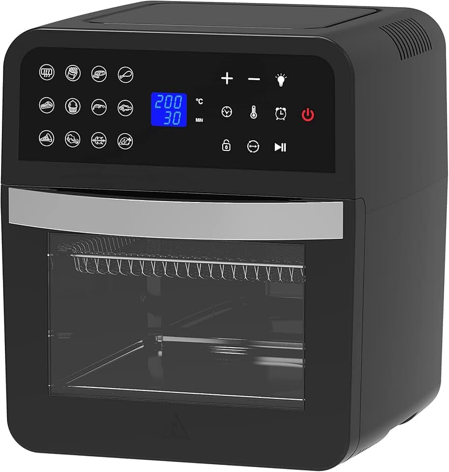Melchioni Family LUCIFER, Fritteuse und Luftofen, Multifunktion, kombiniertes Kochen, Rotisserie, Full-Touch-LCD-Display, Doppelglastür, 60-Minuten-Timer, verzögerter Start, 12 Liter