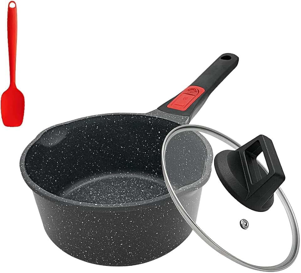 Stielkasserolle 16 cm mit Deckel Kochtopf Induktion 1,5L- Schwarz | Antihaft Milchtopf mit Ausgießer, mit Abnehmbarer Griff, Geeignet für alle Herdarten, Ofenfest