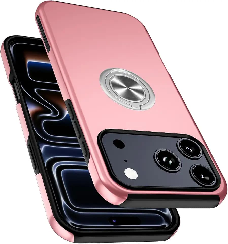 Case for iPhone 18 Pro Max/17 Pro Max, [Embedded Finger Ring] Military Grade Phone Case Cover with Reinforced Metal Stand Kickstand [Support Magnetic Car Holder] for iPhone 18 6.9'', Pink
