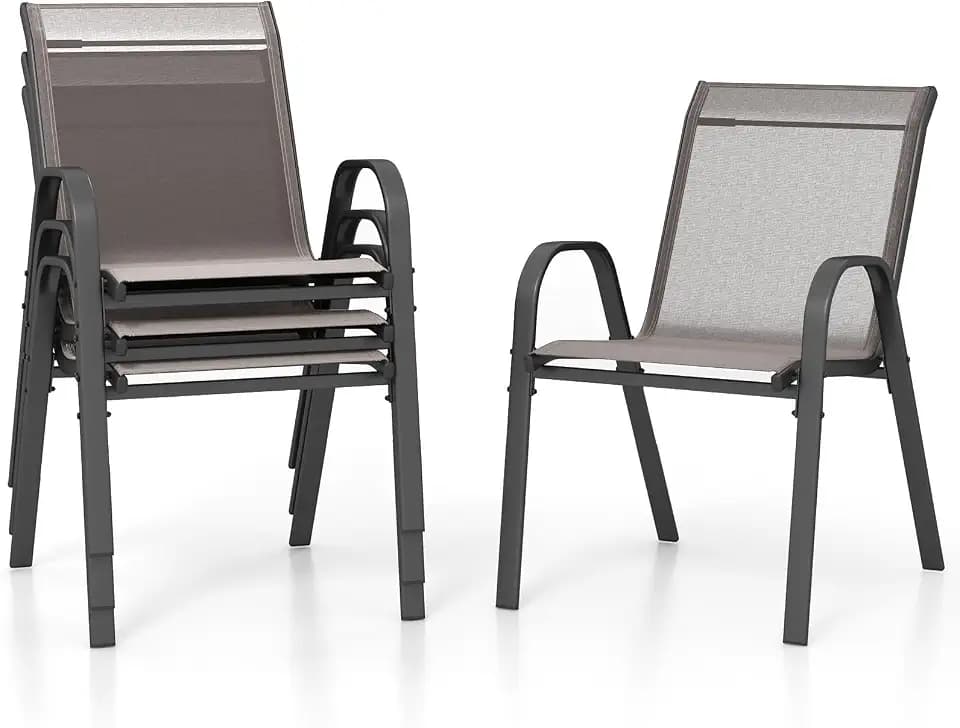 FANTASK Gartenstühle stapelbar, Terrassenstühle, Balkonstühle aus Textilene & Metallgestell, 4er Set Stapelstühle mit Armlehnen, bis 150 kg belastbar, 56 x 70 x 84 cm (Grau)