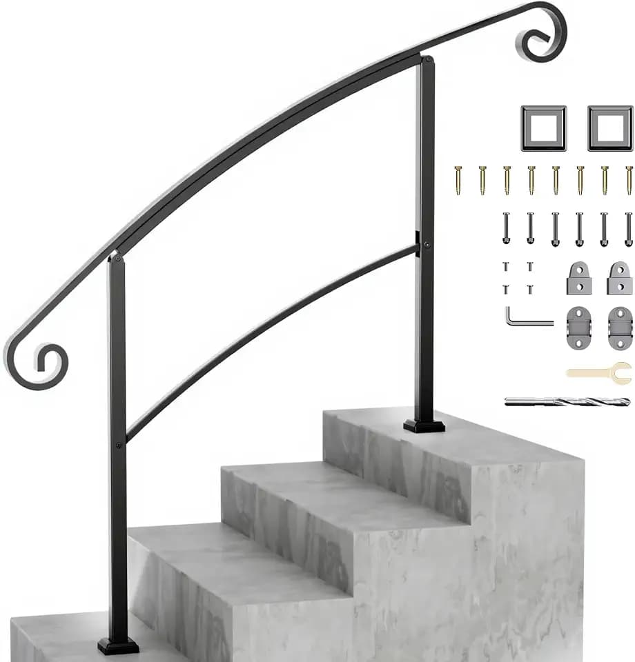 Xesi 4-5 Step Handrails for Outdoor Steps with Installation Kit - Durable Wrought Iron Railing - Versatile Curved Handrails for Outside Steps, Concrete Steps, Stair Railing Outdoor or Porch Railing