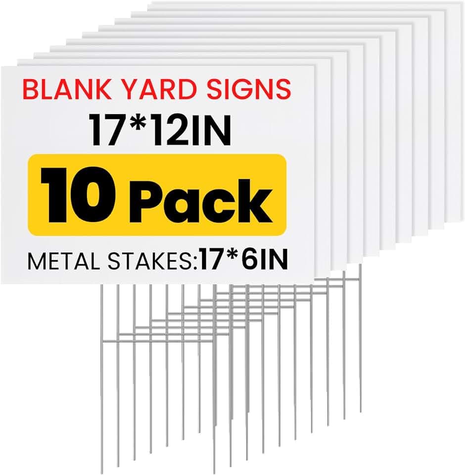 10 Pack Yard Signs,Metal Stakes, 17 x 12 Inches, Corrugated Plastic Board