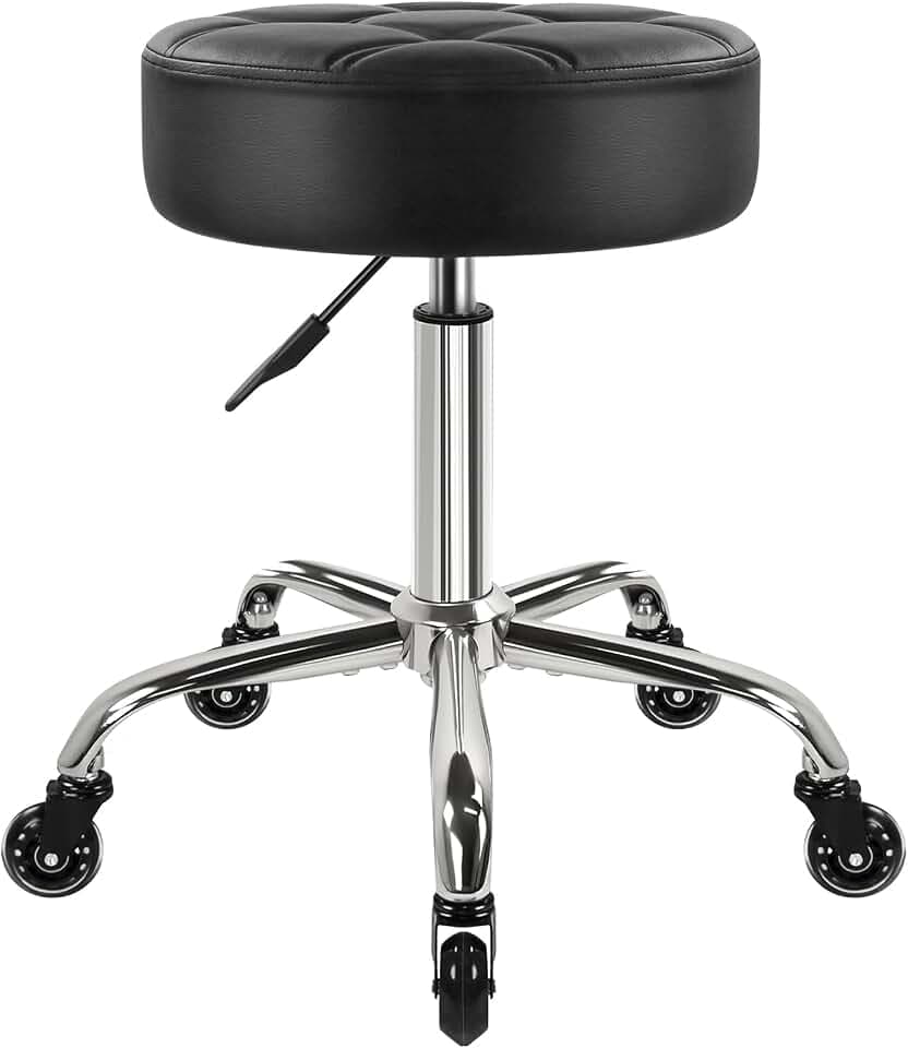 WKWKER 11 cm dicker Bürohocker auf Rädern, drehbar, verstellbar, PU-Leder, Sitzstuhl für Küche, Salon, Büro, Massage, Schwarz