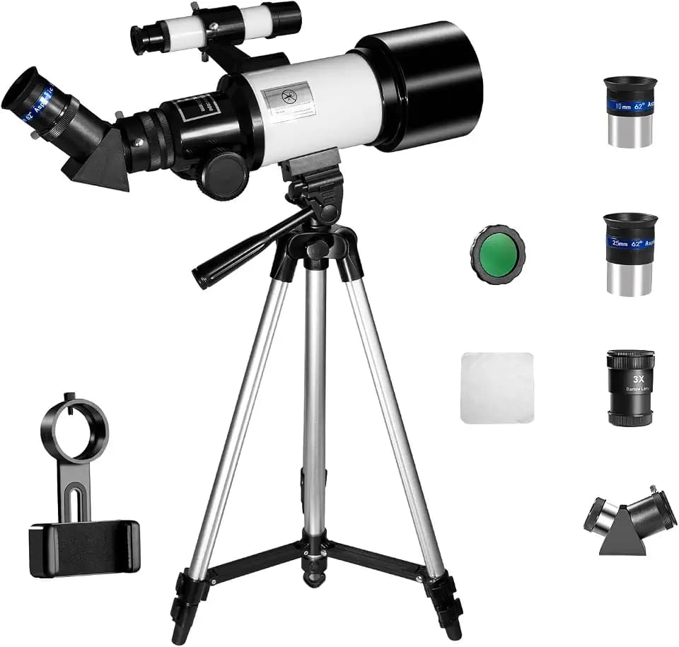 WOSPORTS 70mm Refractor Telescope, 300mm, 3X Barlow, Phone Adapter