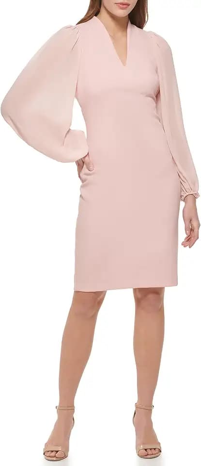 Vince Camuto Women's Stretch Crepe Bodycon Dress with Chiffon Balloon Sleeves