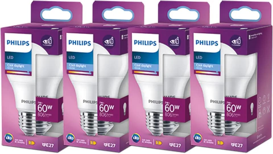 PHILIPS LED Classic E27 Lampe, 60W, A60, 6500K kaltweißes Licht, mattes Glas, 4er-Pack