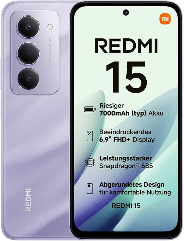 XIAOMI Redmi 15, Smartphone 8+256GB, Handy mit Android, 6,9" FHD+ 144Hz DotDisplay, Snapdragon 685, 50MP KI-Dualkamera, 7000mAh Akku, Sandy Purple