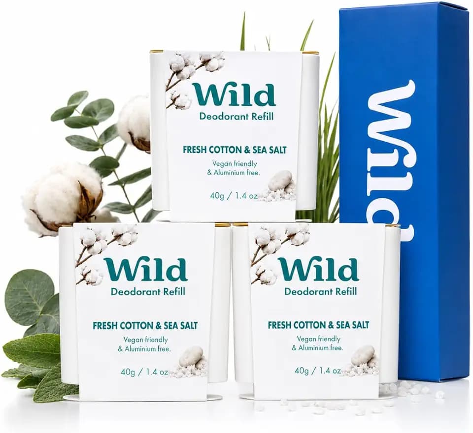 Wild Aluminum Free Natural Deodorant Refills - Fresh Cotton & Sea Salt - Women & Men's - Fits Wild Refillable Case - 24 Hour Odor Protection - Box of 3