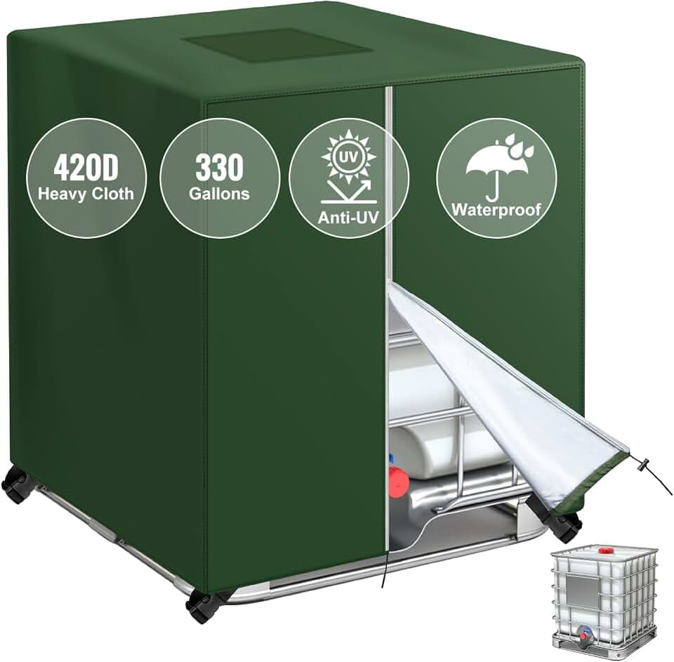 IBC Tote Cover，Zipper 420D Heavy Waterproof Sunscreen Material Water Tank Cover for 330 Gallon 1250L (Green)