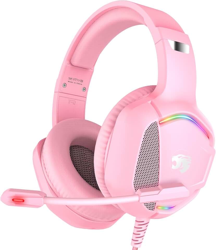 IMYB A36 Gaming Headset mit Mikrofon für Pc, Xbox One Series X/s, Ps4, Ps5, Stereo Surround Noise Cancelling kopfhörer mit Mic RGB Licht für Mac, Laptop, Gamer（Rosa）