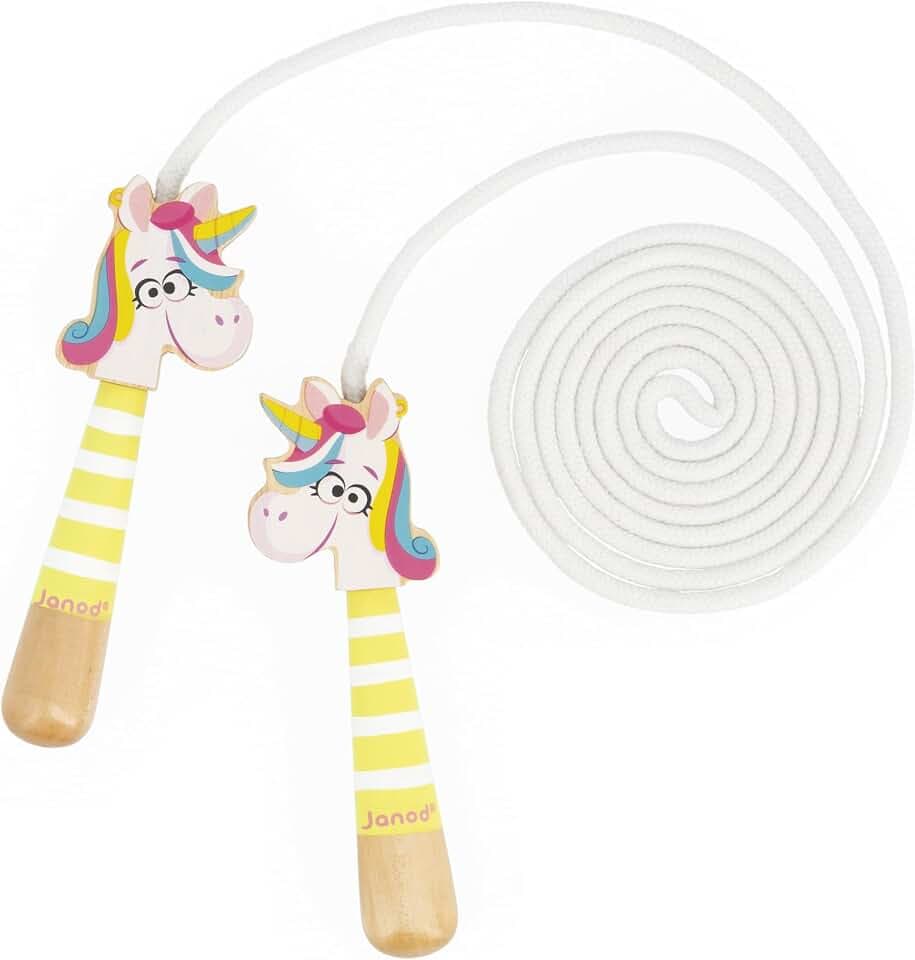 Janod - Verstellbares Springseil für Kinder - Griffe mit Einhornköpfen aus Holz - 2m Seil - Ideal zum Spielen im Freien und für Aktivitäten im Freien - Fördert die Motorik - Ab 3 Jahre - J03377