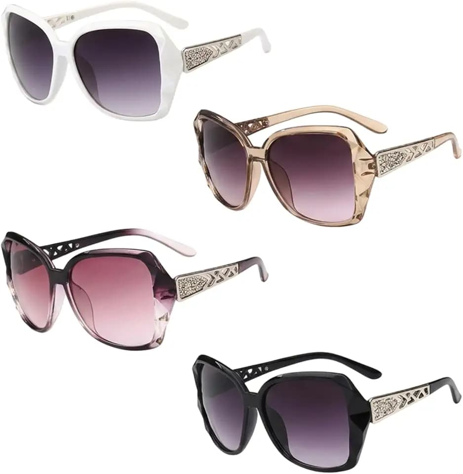 4 Stück Sonnenbrille Damen Polarisiert, Große Vintage Sonnenbrillen mit UV400 Schutz und Strasssteinen, Oversized Brille zum Autofahren und Alltag