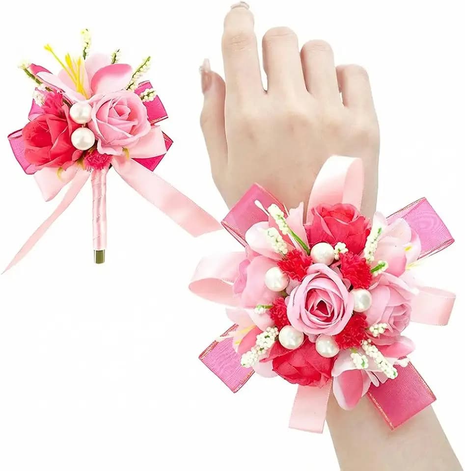 Hot Pink Corsage and Boutonniere Set Prom Wrist Corsage Flower