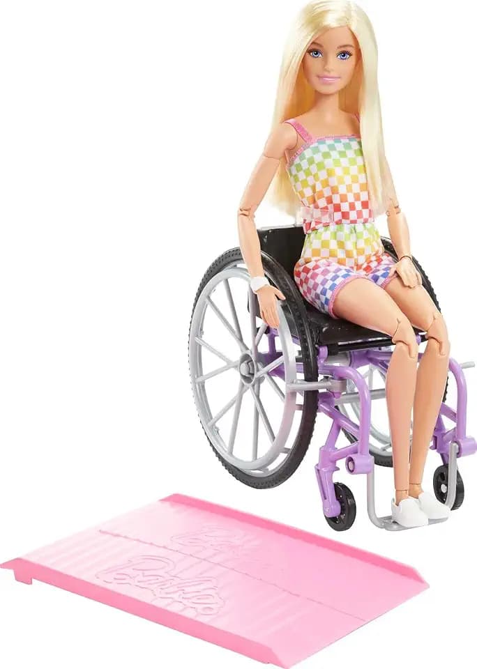 Barbie Fashionistas Rollstuhl und Rampe Puppe | Blonde Modepuppe im Rollstuhl mit Regenbogen-Anzug, ab 3 Jahren, HJT13