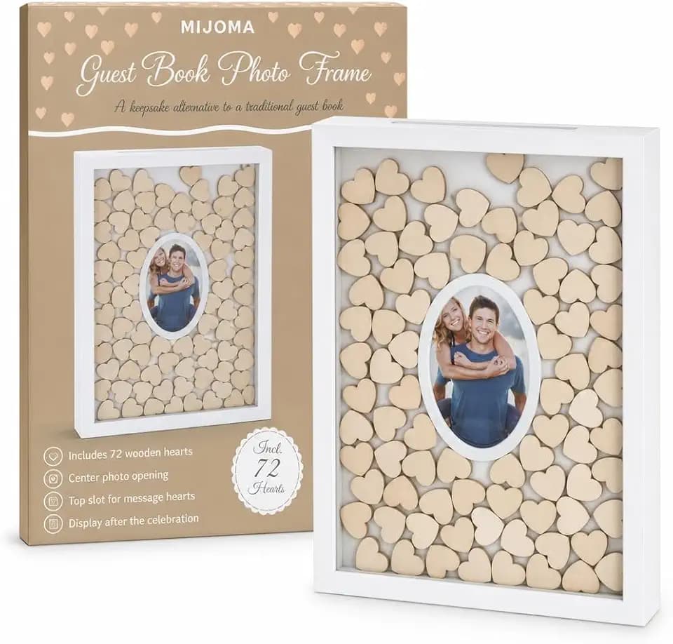 MIJOMA Gästebuch Bilderrahmen – Weißer Holzrahmen mit 72 Holzherzen zum Beschriften – Alternative zum Gästebuch für Hochzeit Taufe Geburtstag Deko Erinnerung zum Aufhängen
