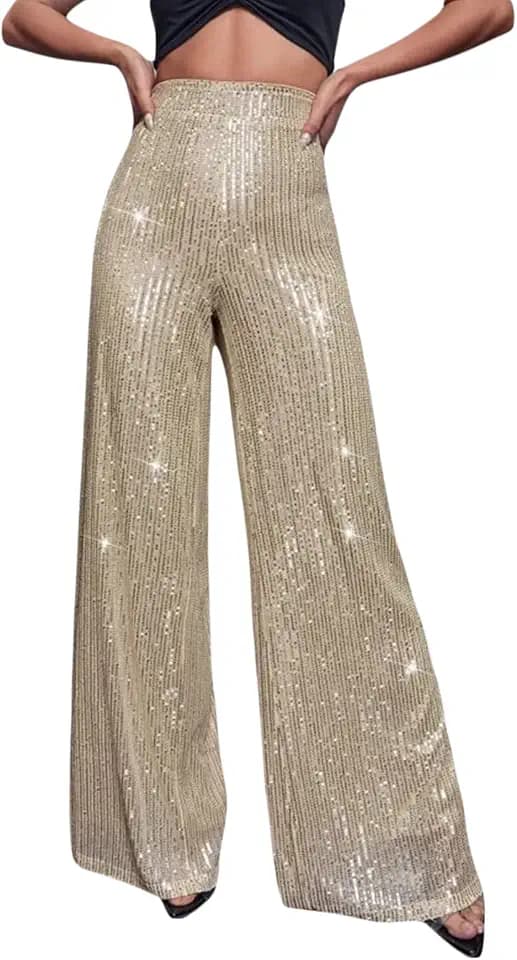 Caziffer Glitzer-Schlaghose für Damen, weites Bein, elegant, glänzend, Pailletten, hohe Taille, lockere glitzernde Hose für Club-Party