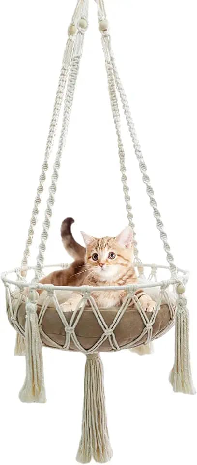 Makramé-Hängematte für Katzen, Schaukelbett für Katzen, handgestricktes, aufgehängtes Katzennest