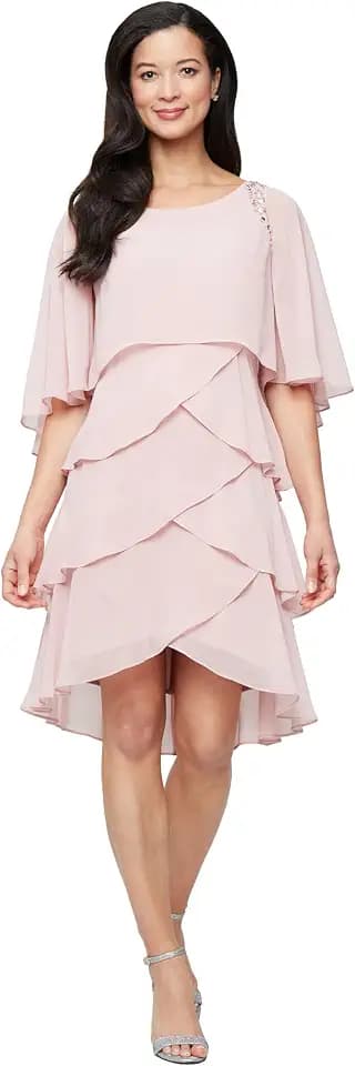 S.L. Fashions Women's Tiered Chiffon Cocktail Party Dress with Attached Cape & Beaded Shoulders (Petite and Regular Sizes)