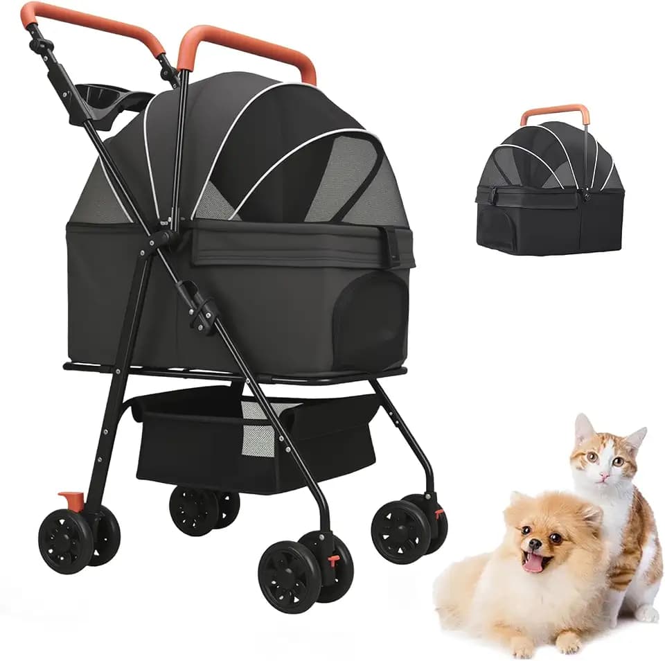 Pet Stroller for Medium Small Dogs/Cats - 4 Wheels Foldable Dog Stroller with Storage Basket,Dog/Cat Carrier,Adjustable Handle,Folding Puppy Carrier Suitable for Traveling with Cats and Dogs (Black)