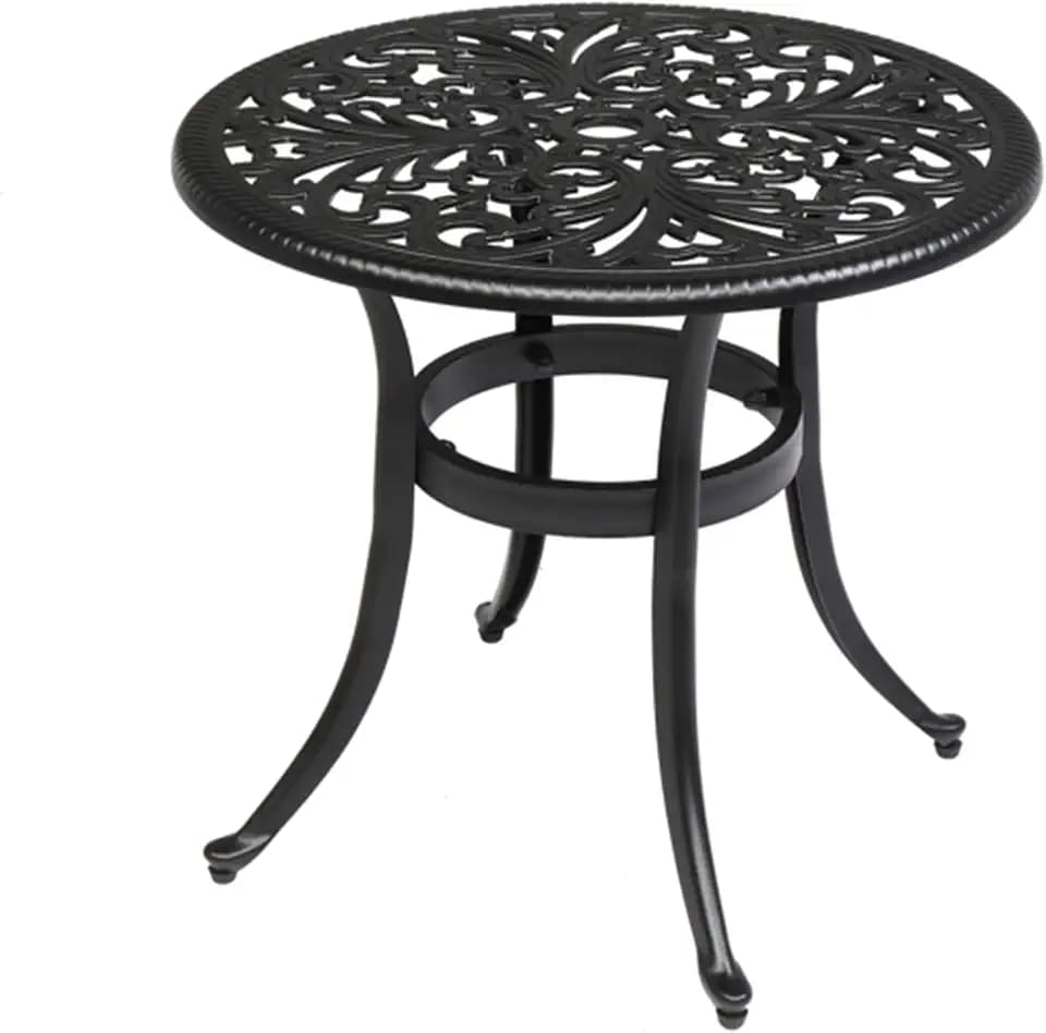 24" Cast Aluminum Round Outdoor Side Table with Umbrella Hole Elegant Patio Table for Outdoor, Black