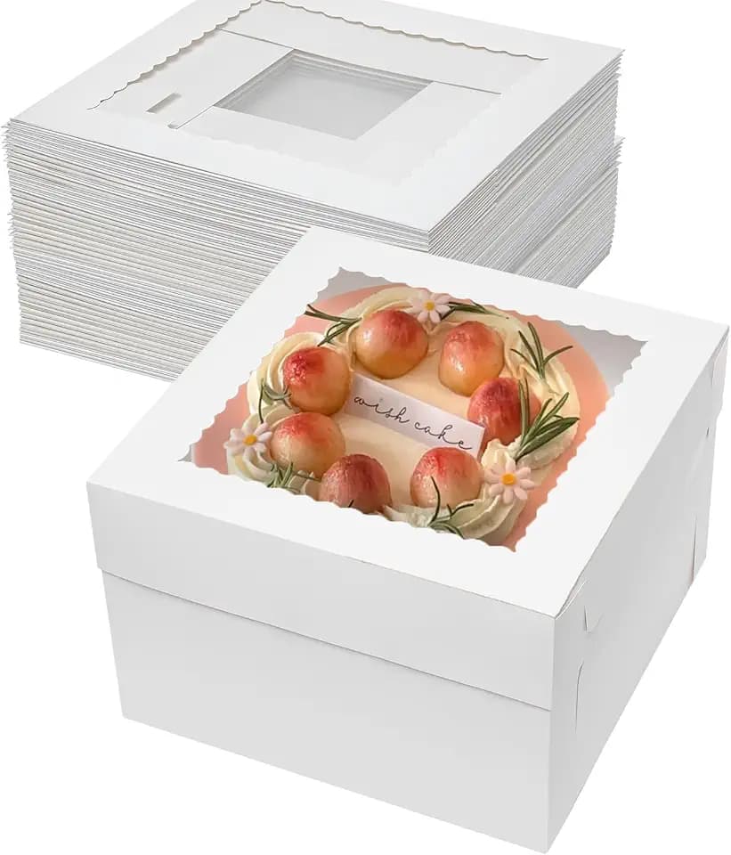 Mefleet 25pcs Cake Boxes 10 Inch 10x10x8 Bakery Boxes with Window White