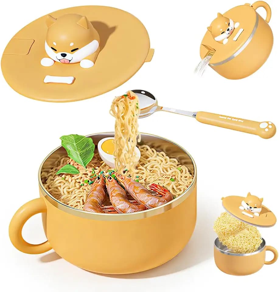 DASIAUTOEM Ramen Schüssel mit Deckel,1200ml Instant-Nudeln Schüssel Edelstahl, Ramen Schüssels Suppenschüssel mit deckel und Gabel Ramens Bowl Wärmeisolierung Siegel fur Suppe Nudeln Knödel Salate