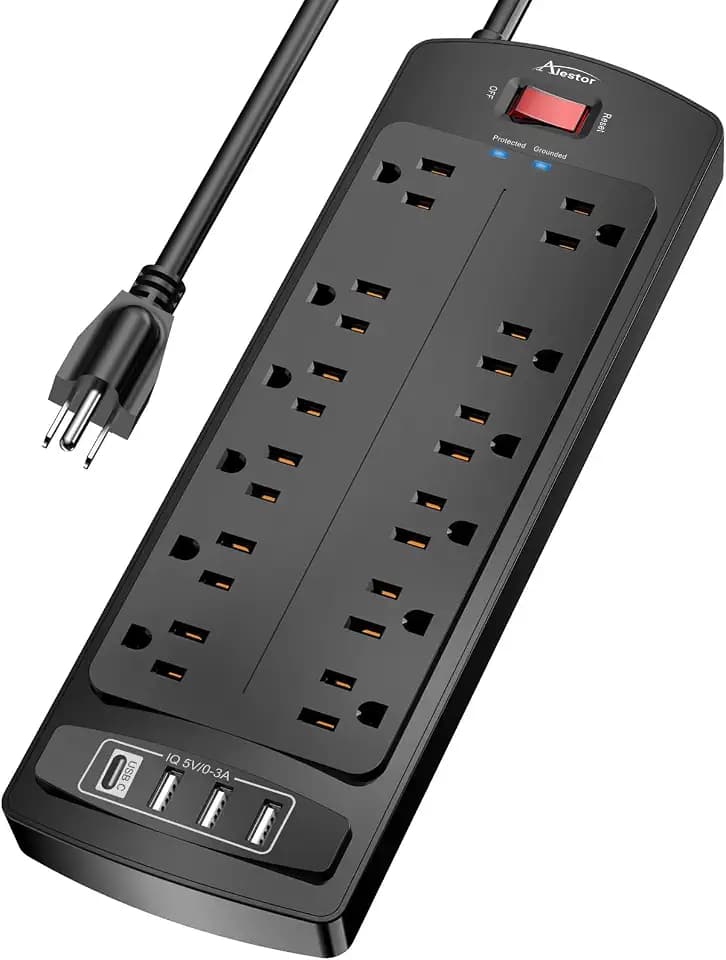 ALESTOR 10 Ft Surge Protector Power Strip with 12 Outlets and 4 USB Ports